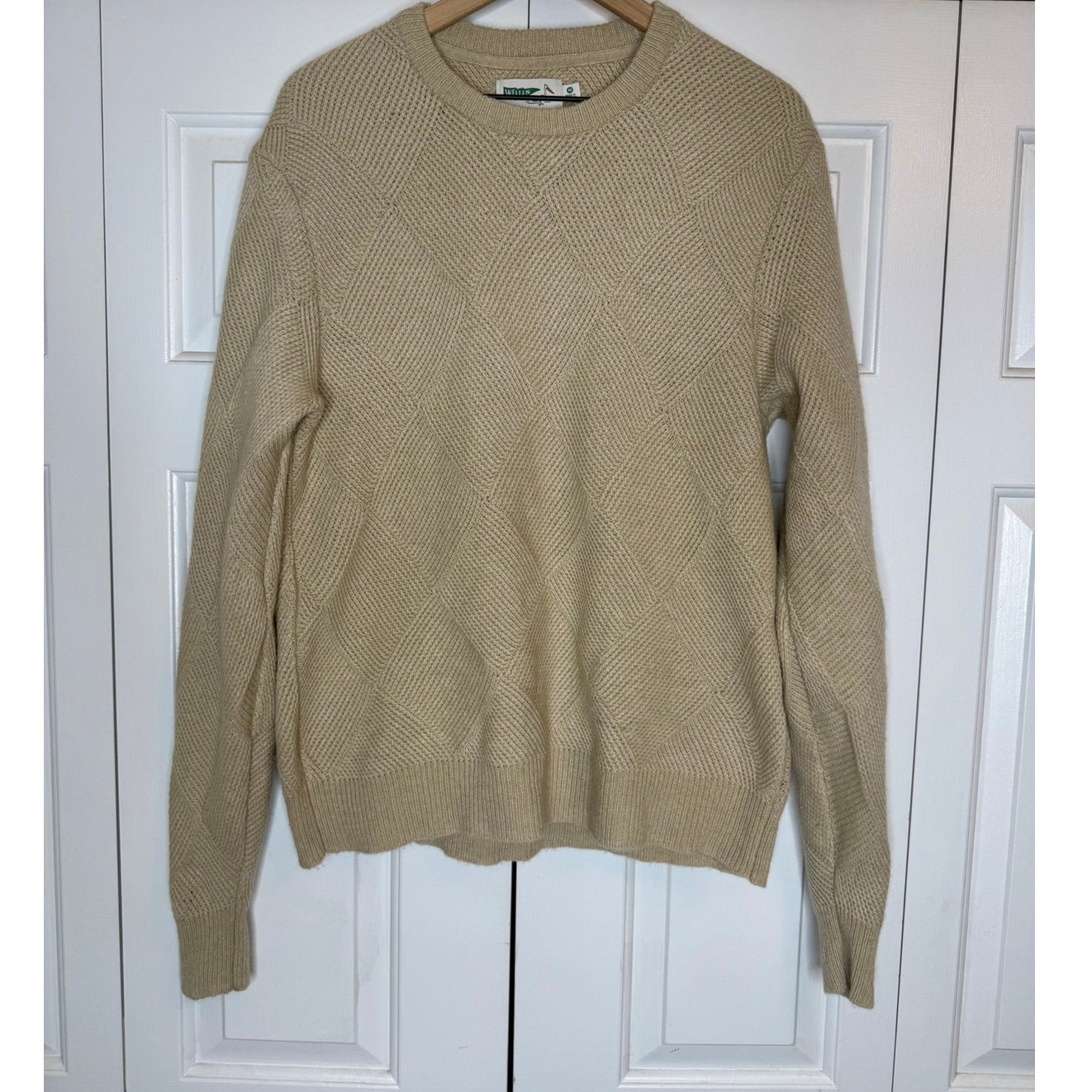 Vintage Wellen Men's Medium Crewneck Wool Ribbed Sweater Tan Diamond Texture
